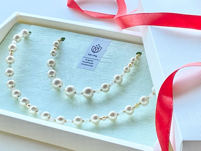 パステルカラーの天然石とコットンパールのショートネックレス　ブレスレットセット　クリスマスコフレ - 項鍊 - 半寶石 金色