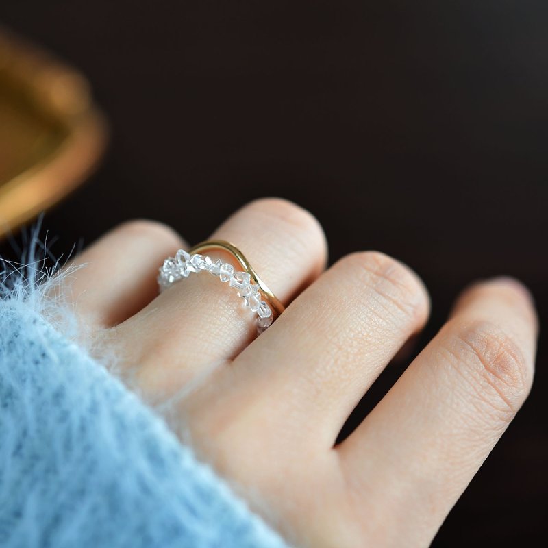 2WAY 指輪兼イヤリング 極上 ハーキマーダイヤモンドとウェーブの2連風リング フリーサイズ - 戒指 - 寶石 白色