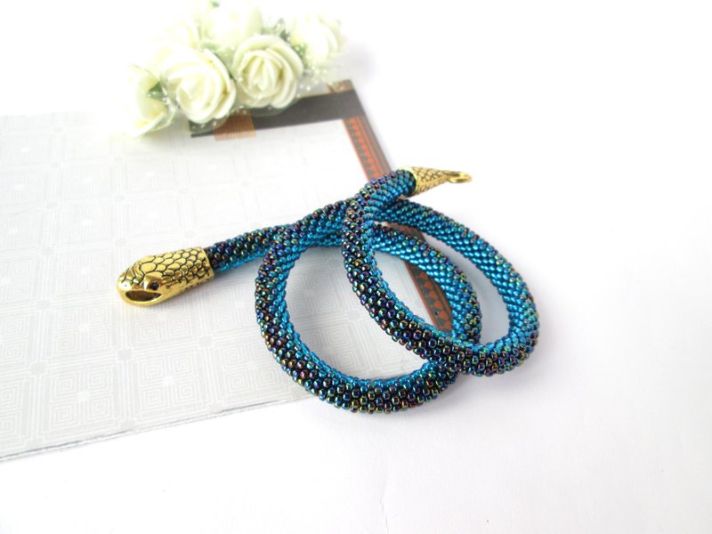 Snake necklace bracelet Blue turquoise snake bracelet Slytherin bracelet Beaded - Bracelets - Other Materials Blue