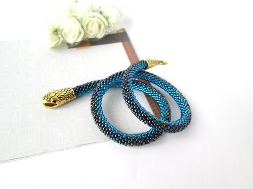 Handmade By Nataniel Snake necklace bracelet Blue turquoise snake bracelet Slytherin bracelet Beaded