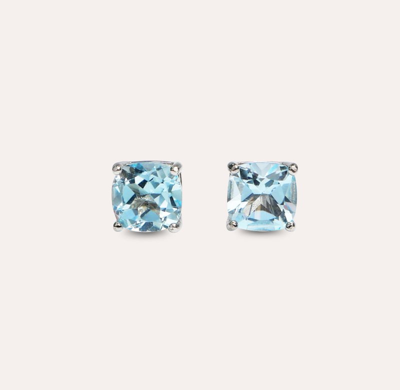 Amber Stone Blue Square 7mm Earrings Classic Series Square E Gemstone Silver Jewelry - Earrings & Clip-ons - Silver Blue