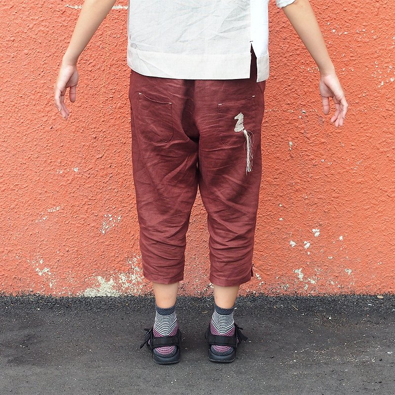 Mavericks village original clothing breathable linen cropped pants trousers pants feet pants simple wild horse embroidery [chess - Knight] rust red [J-30] limited edition