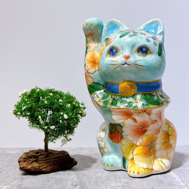 【水色洋華】日本清水燒招財貓 | 色繪 水色 洋花 - 裝飾/擺設  - 瓷 藍色