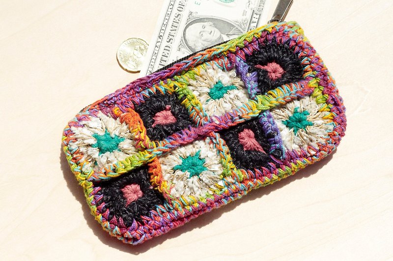 Limited one piece of handmade crochet rectangular coin purse / storage bag / cosmetic bag-color gradient flower forest - Wallets - Cotton & Hemp Multicolor
