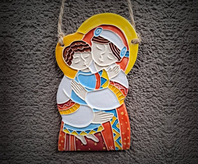 手作りの陶板、聖母マリアとイエス、聖母マリアの壁掛け - ショップ