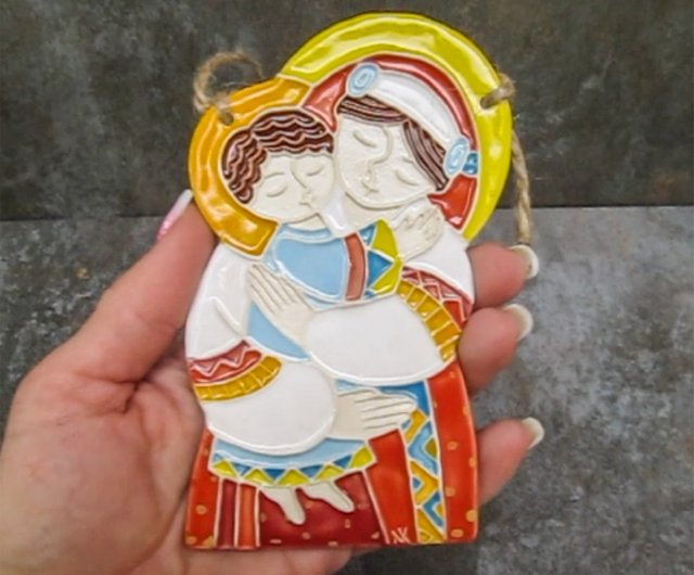 手作りの陶板、聖母マリアとイエス、聖母マリアの壁掛け - ショップ