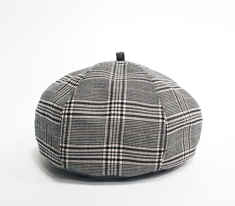 夏季必戴文青南瓜帽-英式格子(黑白)#西裝格布#畫家帽#貝蕾帽 - 帽子 - 其他材質 黑色