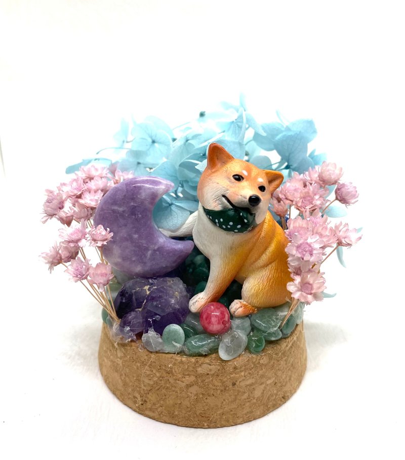 Shiba Inu and Purple Mica Moon/Amethyst/ Stone-Crystal Doll Dried Flower Arrangement - ของวางตกแต่ง - คริสตัล 