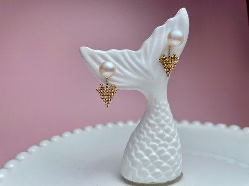 Athena珍珠設計 天然海水珍珠 akoya 櫻花粉 18k金 轉連接愛心 耳環