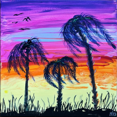 瑪格麗商店 Beach Painting Palm Tree Original Art Trees Wall Arts Canvas Bright Painting