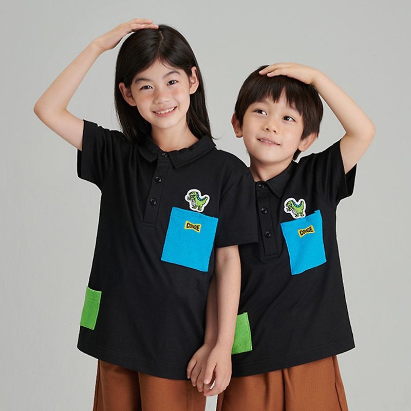 Children's clothing small dinosaur embroidery black polo shirt color matching pockets boys and girls with the same style 5 to 10 years old - เสื้อยืดผู้หญิง - ผ้าฝ้าย/ผ้าลินิน สีดำ