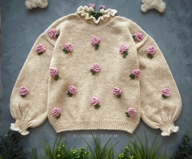 大人のバラのプルオーバー、刺繍入り手編みプルオーバー - ショップ