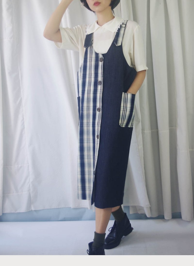 Design hand made - denim check stitching dress - Skirts - Cotton & Hemp Blue