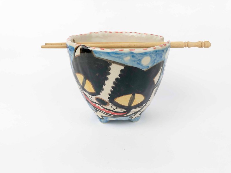 素敵な小さな粘土手作りボウルハッピーフラワー猫0214-09 - 茶碗・ボウル - 陶器 ブルー