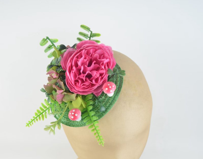 Headpiece with Pink and Green Silk Flowers and Mushrooms Floral Crown Wedding - 髮夾/鯊魚夾 - 其他材質 粉紅色