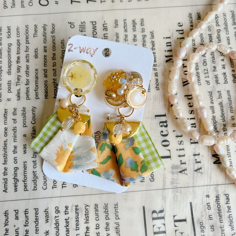 wow Handmade-蜂蜜草原 緞帶 2way鈕扣耳環 - 耳環/耳夾/耳骨夾 - 其他材質 