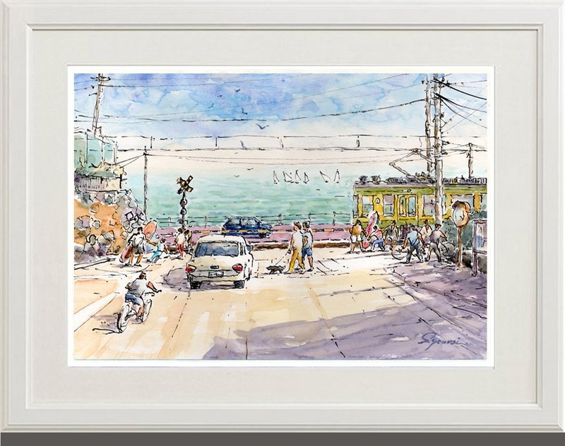 注文制作します　水彩画原画　江ノ電・夏の鎌高前踏切風景 - 海報/掛畫/掛布 - 紙 藍色