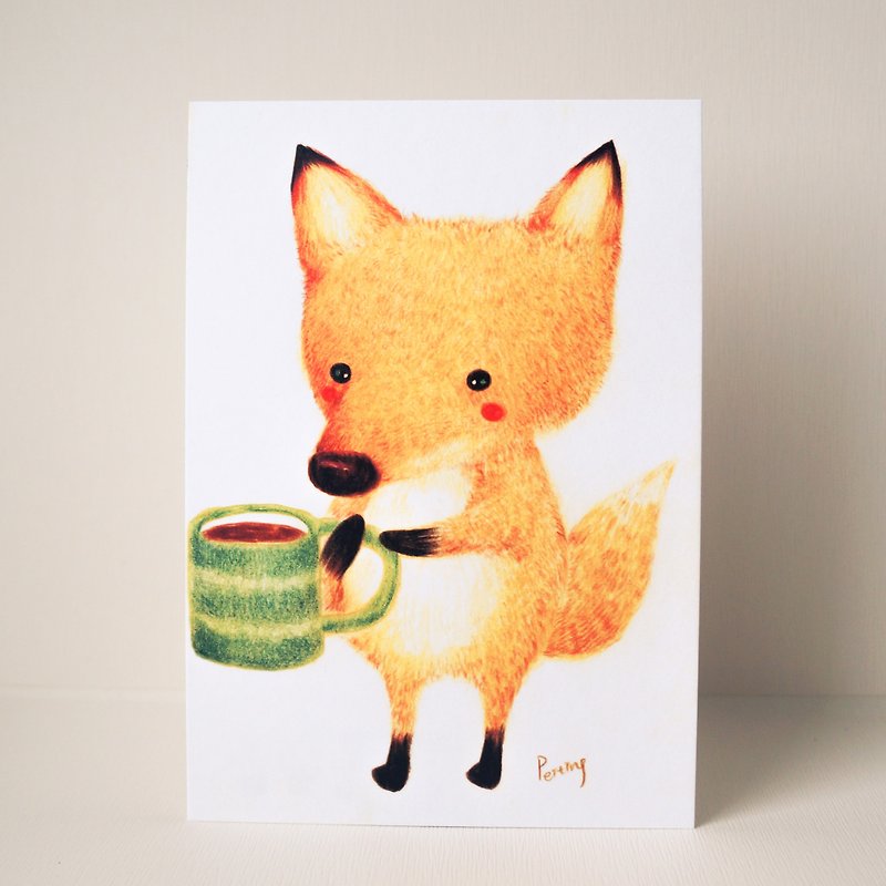 Postcard christmas little fox making coffee - การ์ด/โปสการ์ด - กระดาษ สีส้ม
