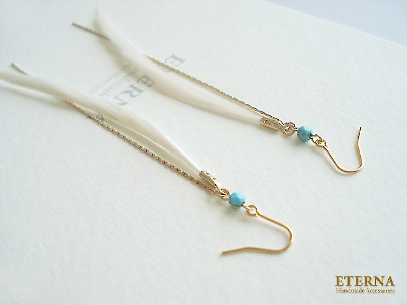 White goose quill with magnesite turquoise hook earrings 穿孔耳環 - Long Necklaces - Stone White