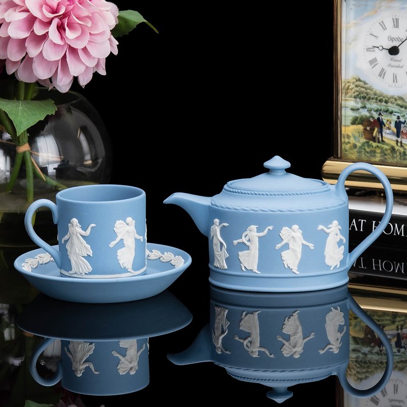 英國製wedgwood碧玉浮雕跳舞女神咖啡杯壼三件套 個人下午咖啡具 - 咖啡壺/咖啡周邊 - 瓷 