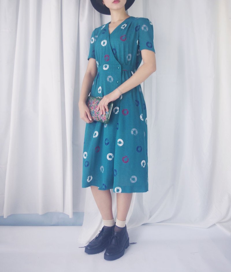 尋寶古著-藍綠色交叉領氣質洋裝 - 洋裝/連身裙 - 其他人造纖維 綠色
