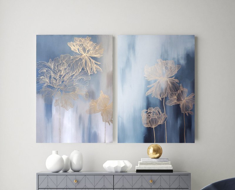 Set of 2 Light Blue Wall Art | Gold Flowers Linear Paint | Thinness set - 壁貼/牆壁裝飾 - 棉．麻 藍色