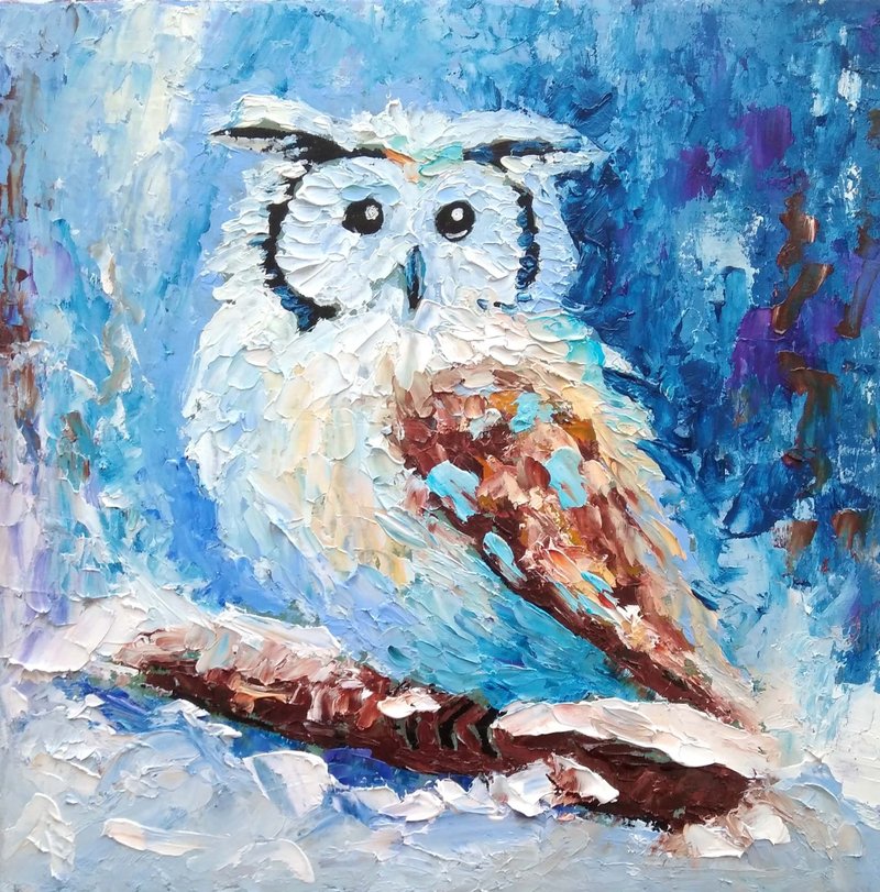 Owl Original Oil Painting, Bird Wall Art Animal Artwork Mini Oil Art, 手工油畫 - 海報/掛畫/掛布 - 其他材質 多色
