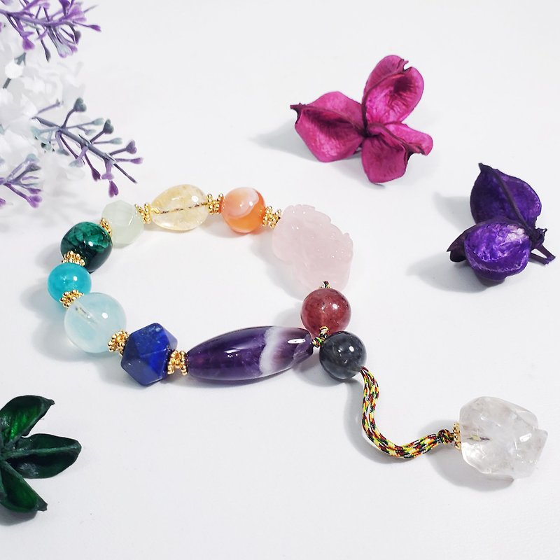 Natural gemstones multi-treasure lucky Pixiu five-color line rainbow wealth wisdom bracelet shining diamond - สร้อยข้อมือ - เครื่องเพชรพลอย หลากหลายสี