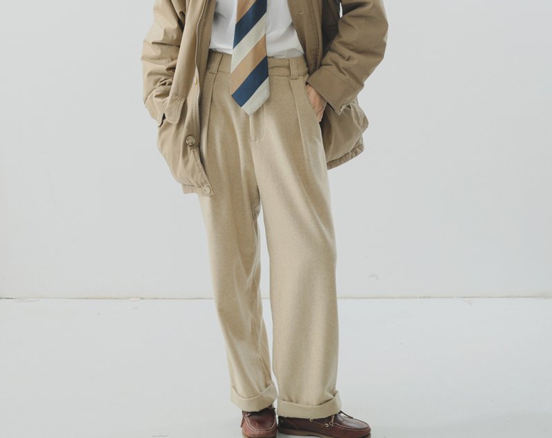 【腔調作家】法式復古 羊毛混紡/料西裝褲 - 中性長褲/短褲 - 棉．麻 卡其色