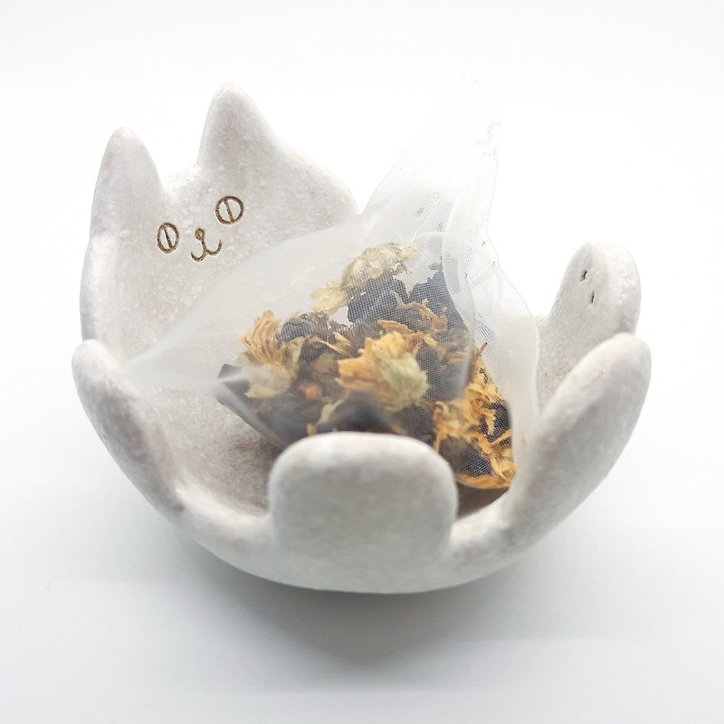 [Want afternoon tea accompanied by cats] White meow tea bags - จานเล็ก - ดินเผา ขาว