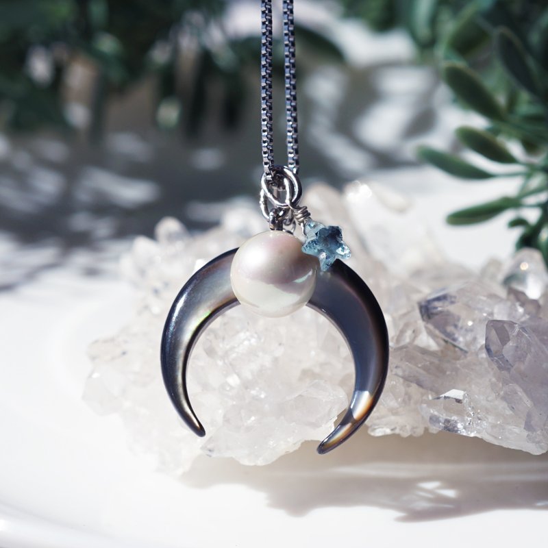 3-Way Black Butterfly Shell Moon, Topaz Star, Shell Full Moon Surgical Stainless Steel Necklace, 60cm Slide, Moonlit Night - สร้อยคอ - เครื่องเพชรพลอย สีดำ