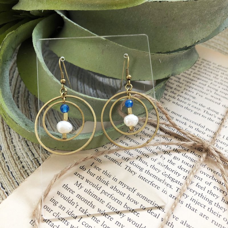 Bronze planet freshwater pearl blue agate earrings Clip-On can be changed - Earrings & Clip-ons - Other Metals Multicolor