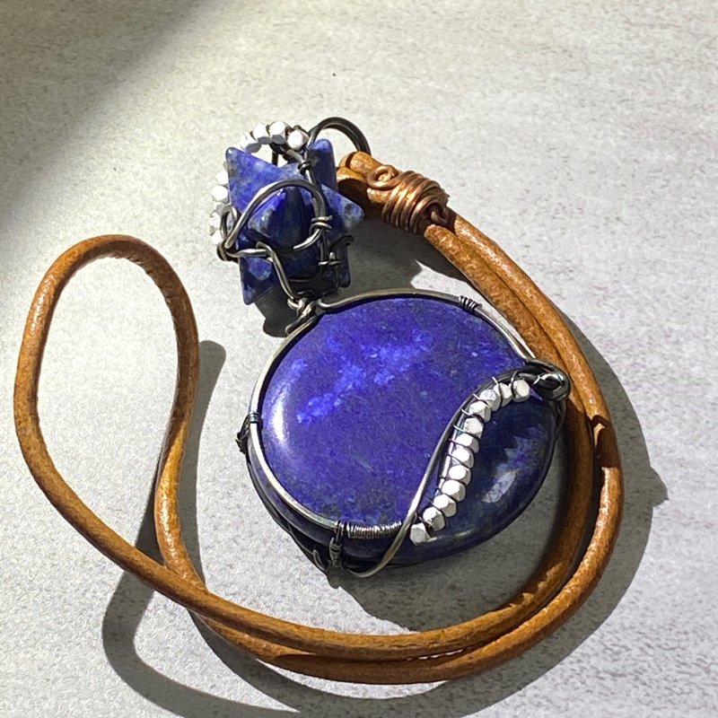 DR026 Handmade Ornate Braided Leather Rope Charm with Lapis Lazuli Round Cake and Merkaba Star - Charms - Crystal 