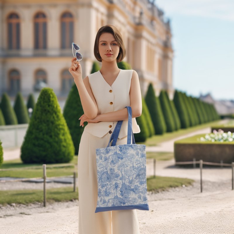 凡爾賽茹伊 灰藍色 單肩包 防變色菱形紋布 Jardin Des Fontaines - 手提包/手提袋 - 聚酯纖維 藍色