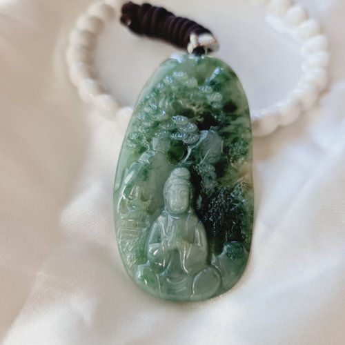 緣圓翡翠 滿綠莊嚴山水觀音| 天然緬甸玉A貨翡翠