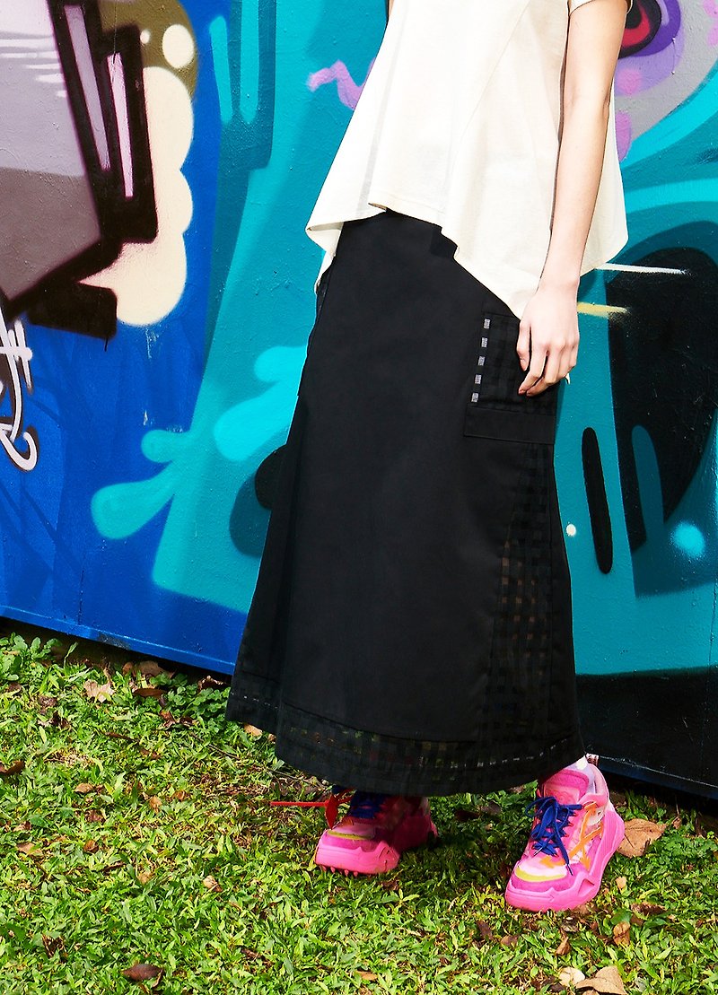 Fenghua virtual and real plaid stitching nine-point long skirt - กระโปรง - ผ้าฝ้าย/ผ้าลินิน สีดำ