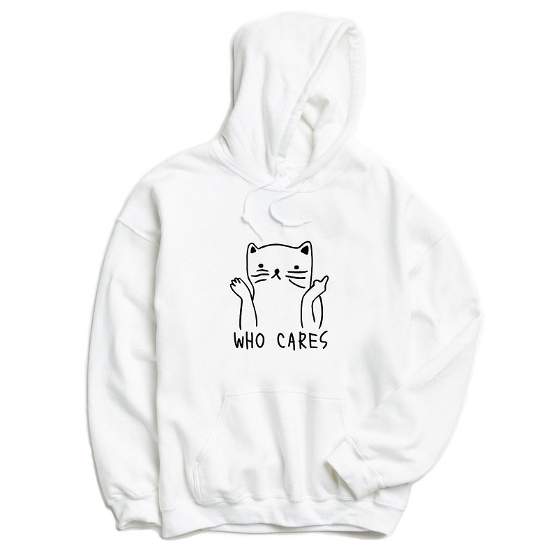Who Cares Cat #2 white hoodie sweatshirt - เสื้อผู้หญิง - ผ้าฝ้าย/ผ้าลินิน ขาว