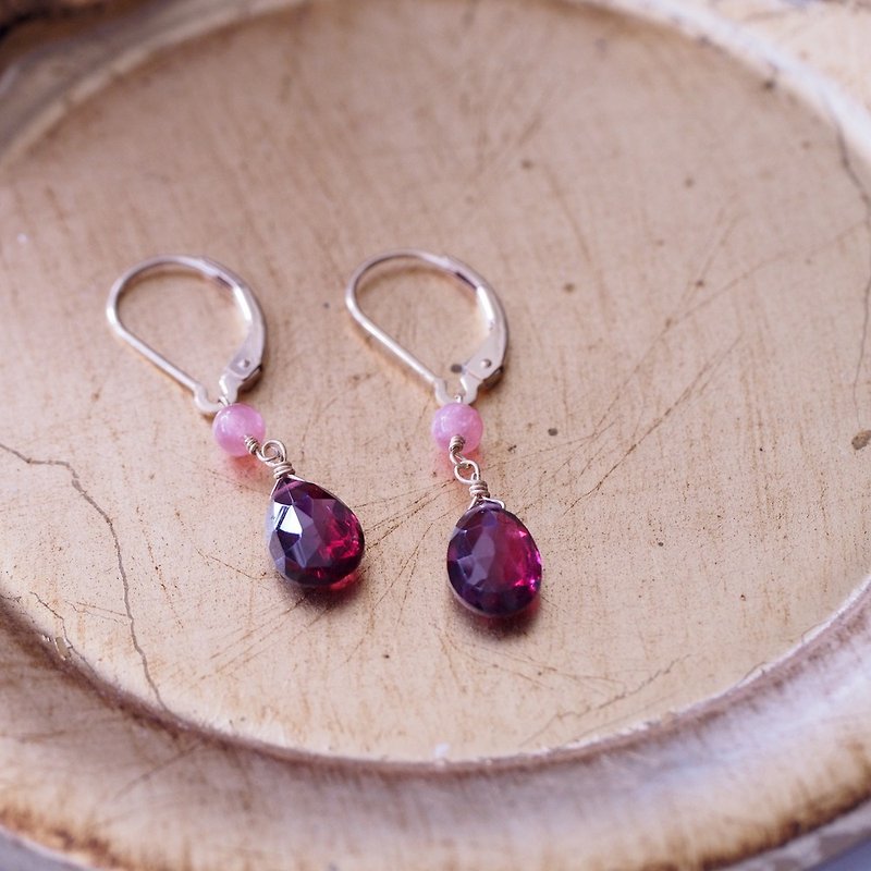 14KGF rhodochrosite rose garnet French earhook earrings birth stone in January - Earrings & Clip-ons - Semi-Precious Stones Red