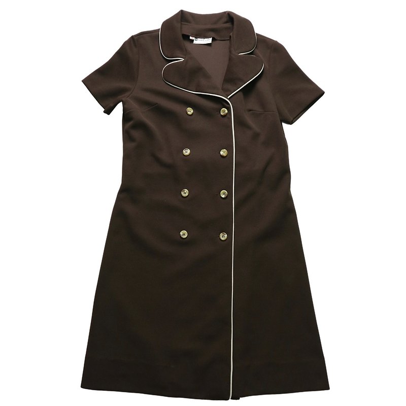 70s David Crystal 美國製 咖啡色翻領排扣洋裝 古著洋裝 - 洋裝/連身裙 - 聚酯纖維 咖啡色
