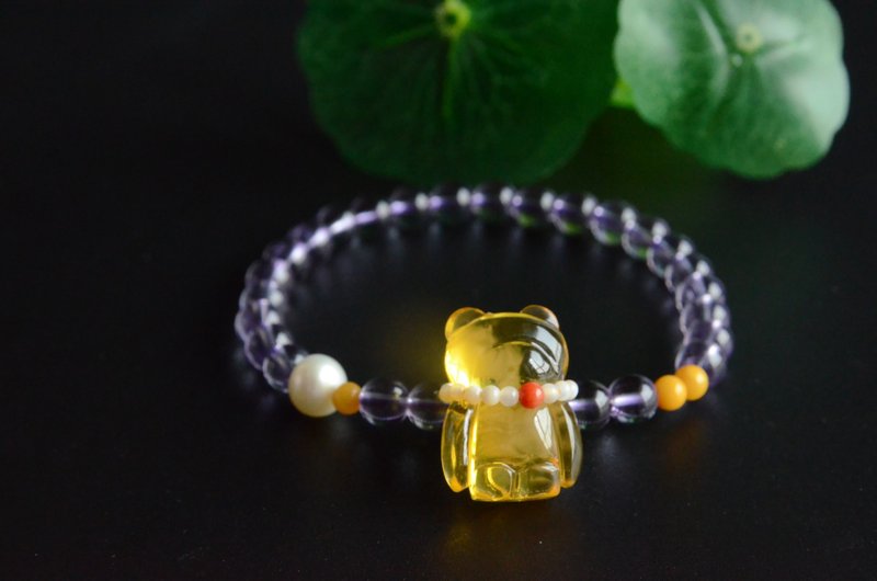 【Huanyan】Natural amethyst bracelet natural amber bear - Bracelets - Gemstone 