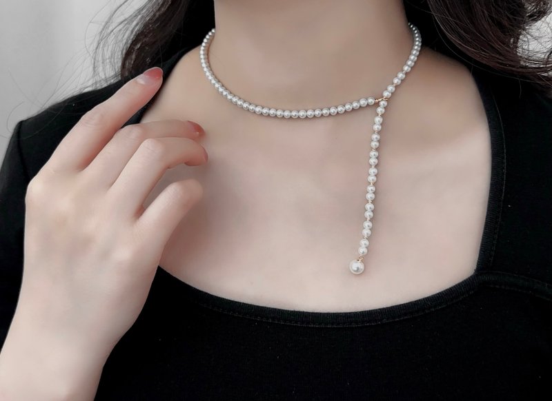 自由藍調天然珍珠淡水珍珠項鍊真珠項鍊大衣長項鍊毛衣鏈 - 項鍊 - 珍珠 金色