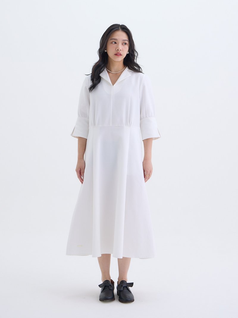 Jianya V-neck shirt tailoring dress-Richen - ชุดเดรส - ผ้าฝ้าย/ผ้าลินิน ขาว