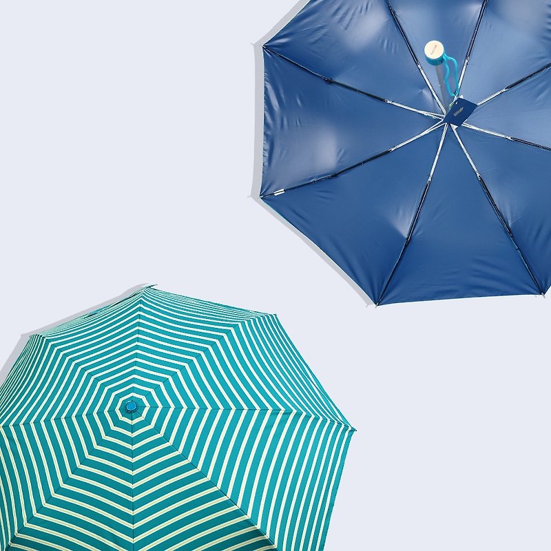 【台灣文創 Rain's talk】逆齡翻玩幾何抗UV三折手開傘 藍條紋 - 雨傘/雨衣 - 防水材質 藍色