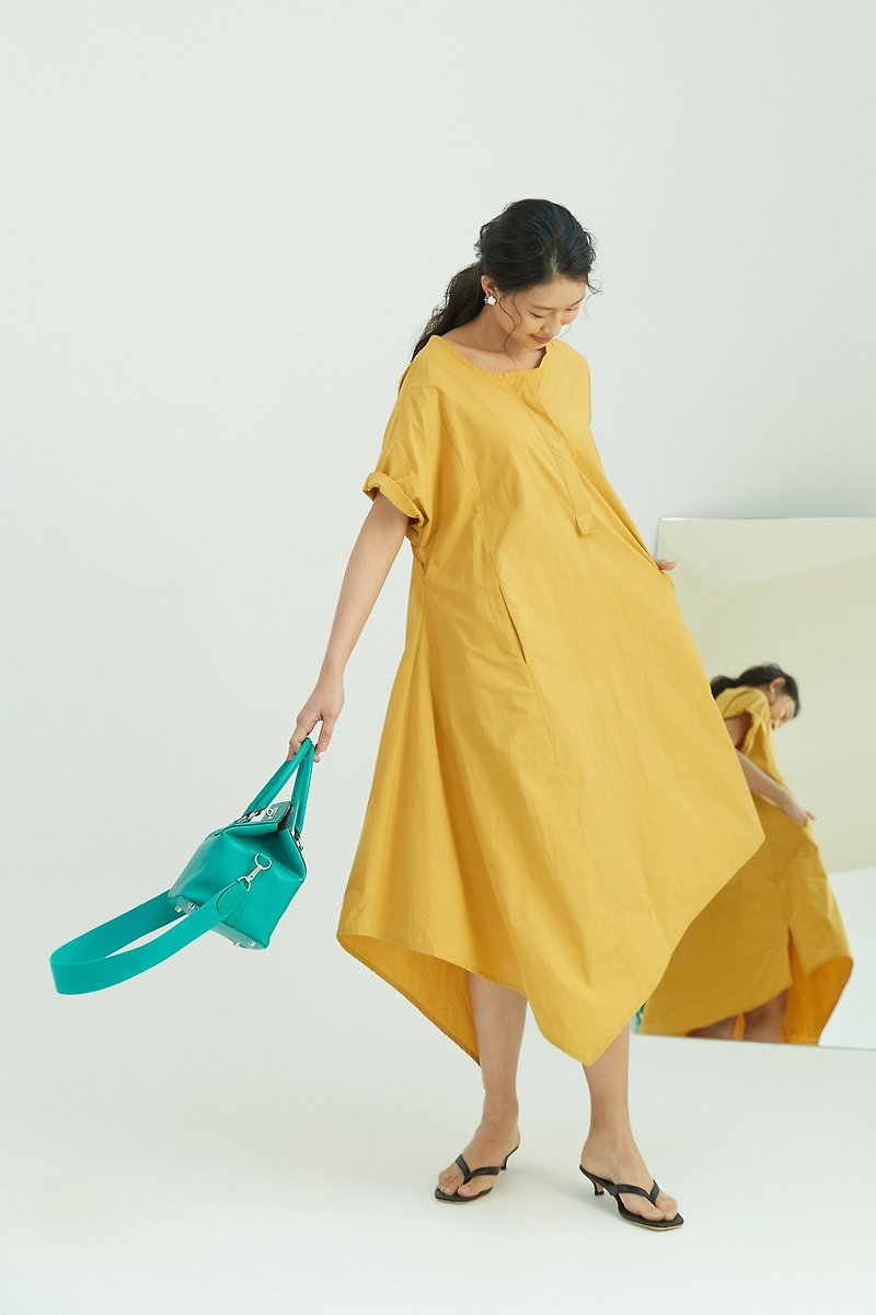 棉．麻 連身裙 橘色 - 不規則大圓襬長洋裝(黃)