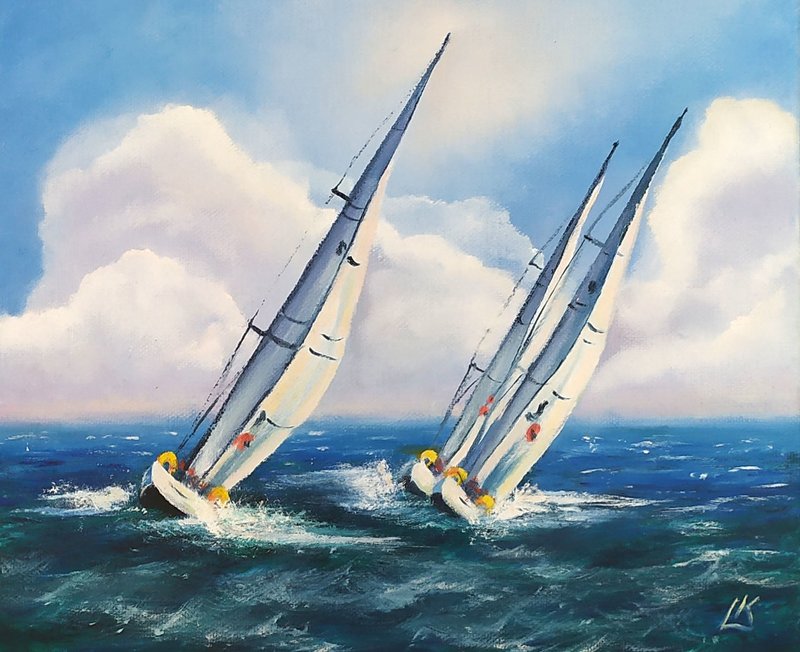 Sea Oil Painting on Canvas Regatta Painting Yacht Racing Painting Clouds Art - โปสเตอร์ - ผ้าฝ้าย/ผ้าลินิน 