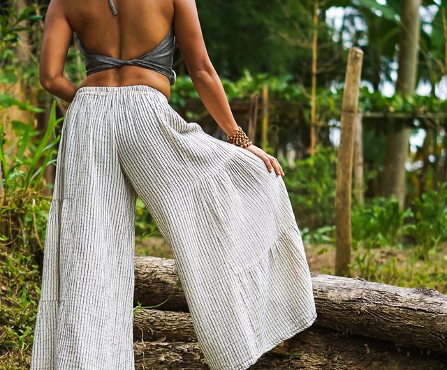 【BAON】Hoch Summer Stripe Wrap Skirt Pants Front layered wrap skirt paneled cotton-twill straight-leg