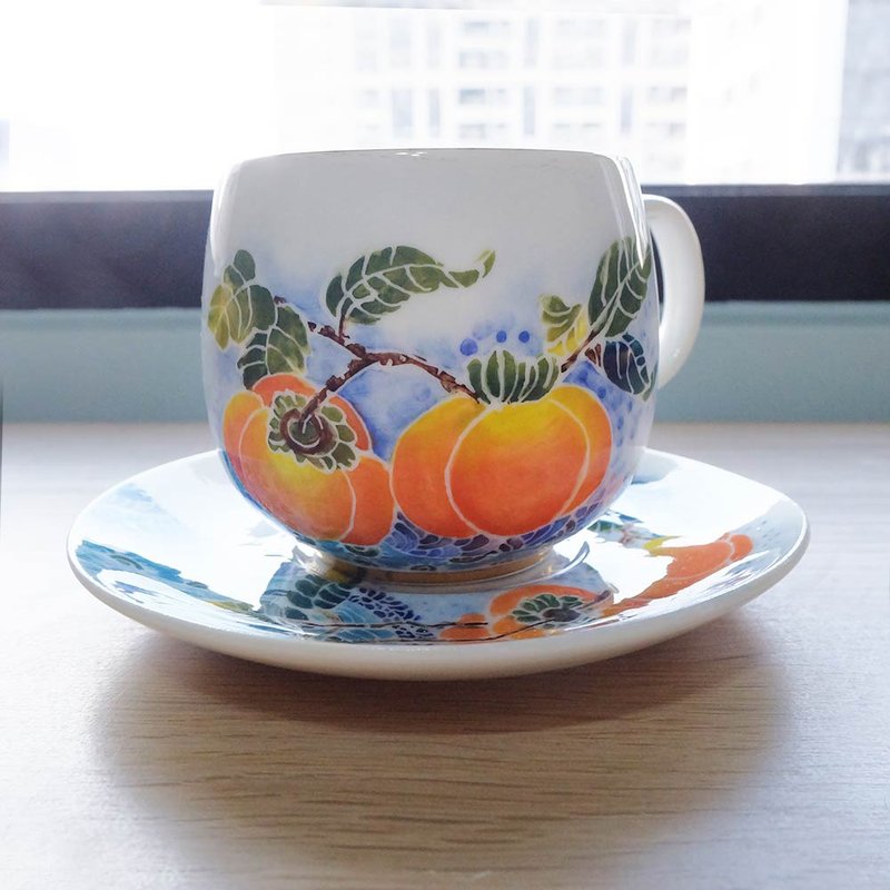 手工燒製。祥雲柿柿如意手繪咖啡杯 禮物 - 咖啡杯/馬克杯 - 瓷 