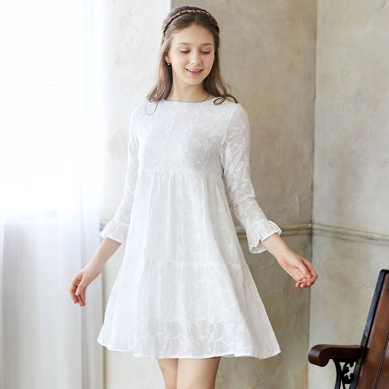 棉．麻 連身裙 白色 - (女裝) 100%純棉－冬雪微光