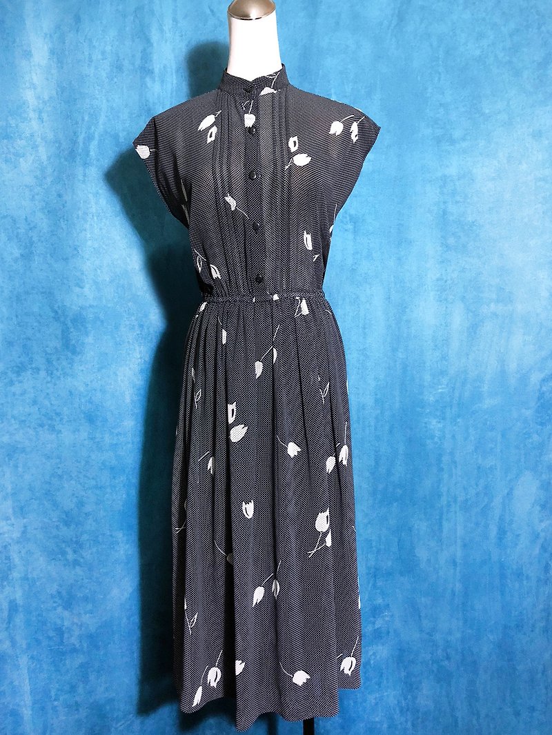 Ping-pong vintage [Vintage dress / stand-collar tulip long chiffon long vintage dress] brought back VINTAGE - ชุดเดรส - เส้นใยสังเคราะห์ สีดำ