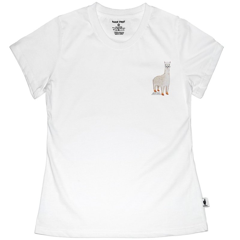 British Fashion Brand -Baker Street- Mustache Alpaca Printed T-shirt - เสื้อยืดผู้หญิง - ผ้าฝ้าย/ผ้าลินิน ขาว